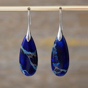 Natural Stone Sea Sediment Bohemian Women Dark Blue Healing Luxury Earrings Gift